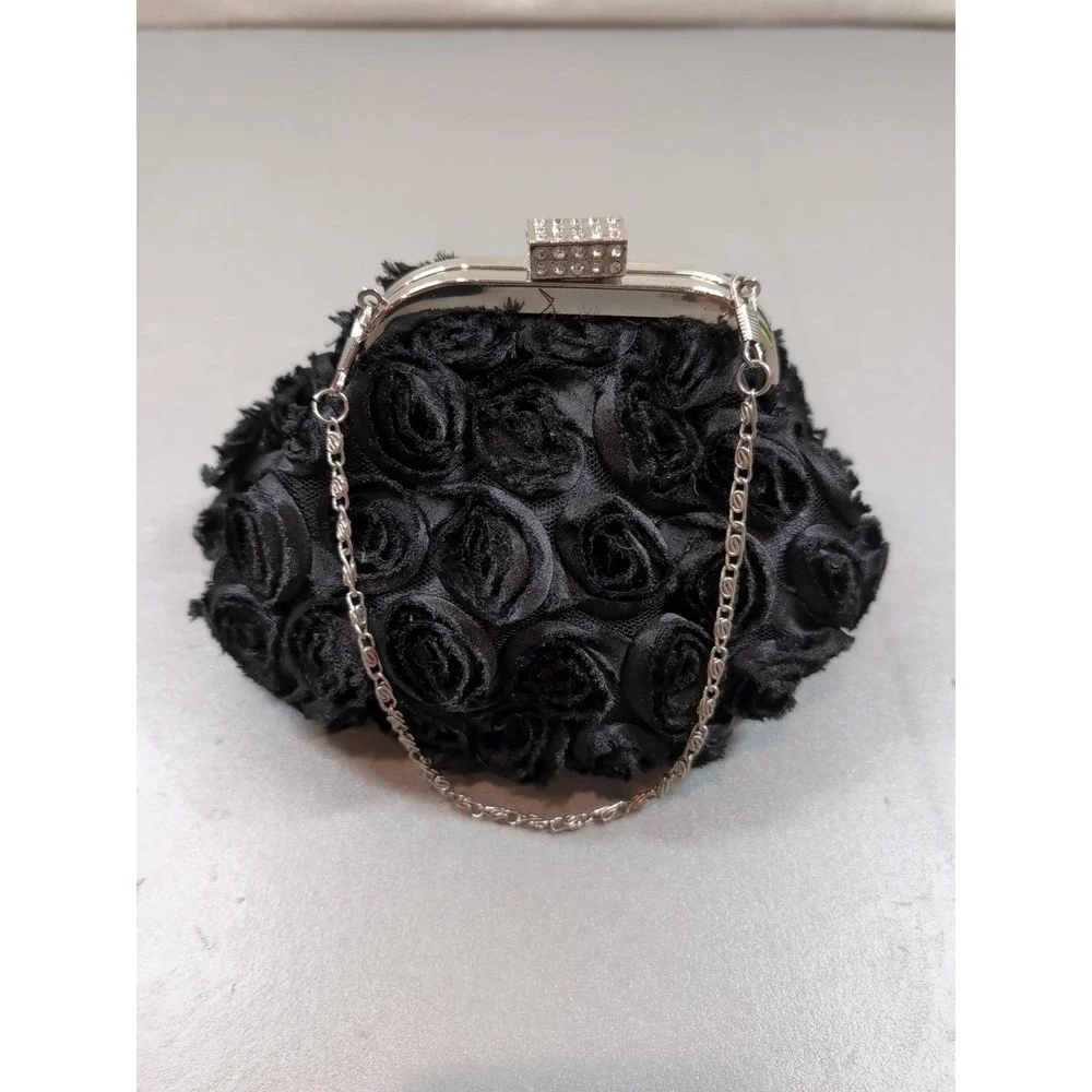 Black Rosette Evening Clutch Purse Floral Rhinestone Wedding Prom Formal Bag